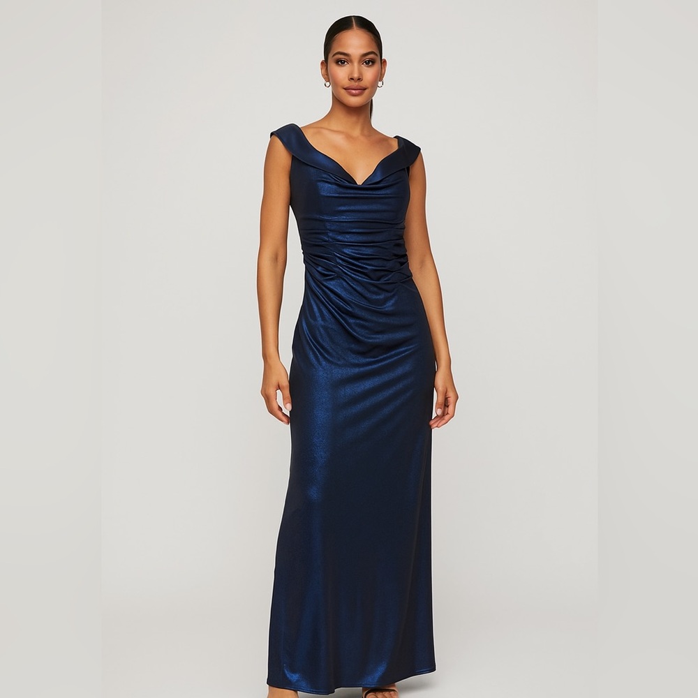 La Femme Ruched Navy Blue Off The Shoulder Metallic Shimmer Jersey Gown 10 NWOT